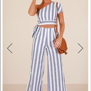 Blue and white striped two piece set